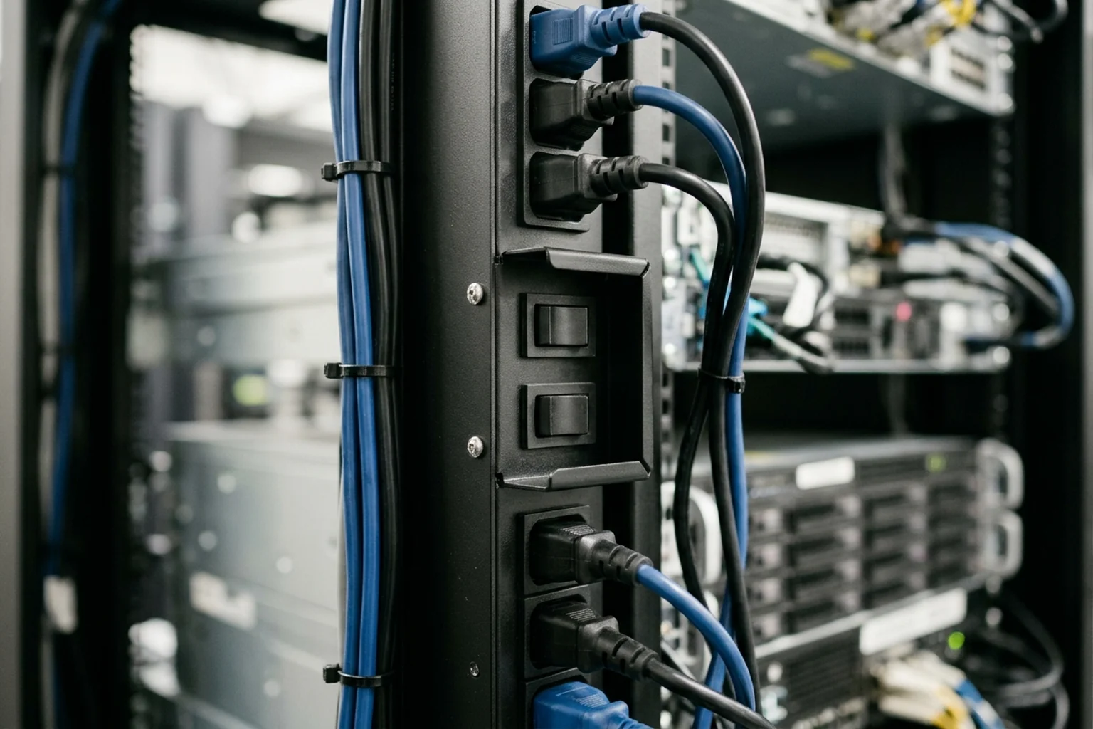 Close view of two flush-mounted black circuit breakers recessed in a protective metal guard on a vertical rack unit
