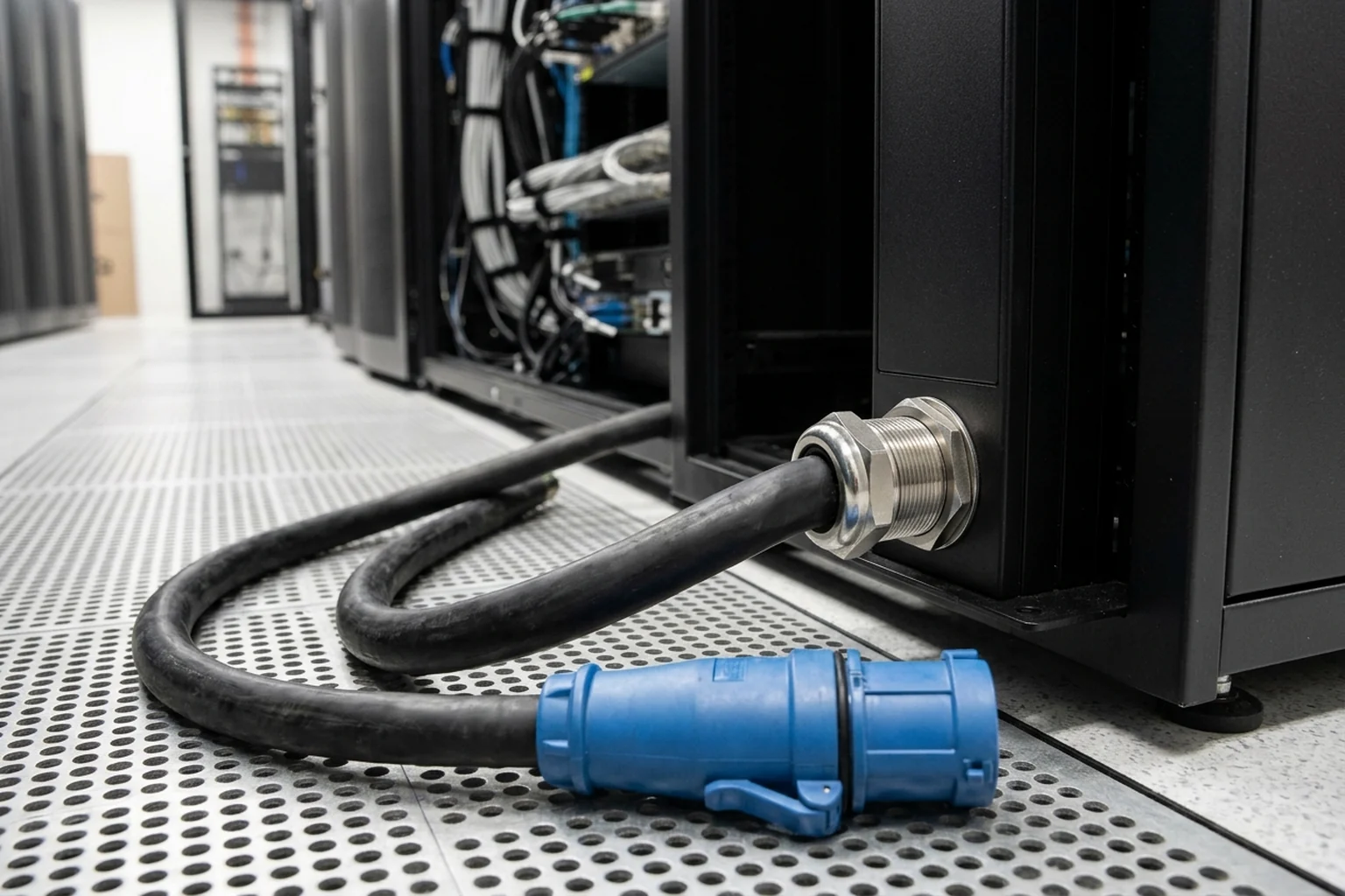 Close view of a heavy rubber power cable exiting a metal strain-relief gland at the base of a server rack cabinet