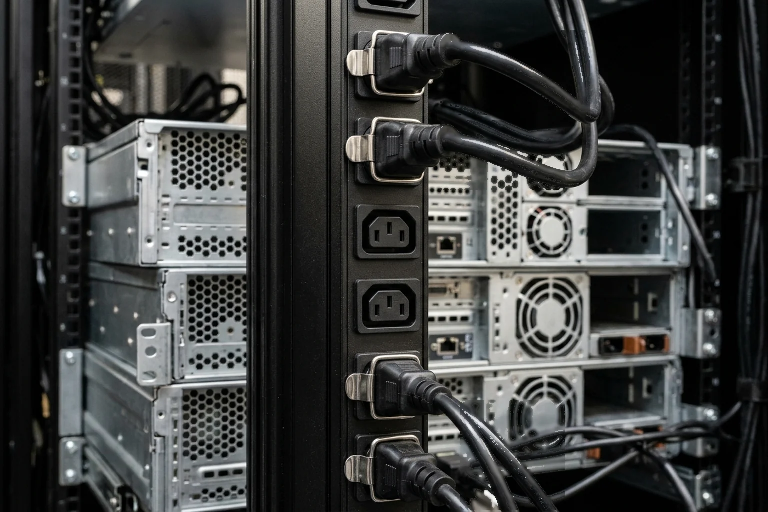 Close view of vertical rack power distribution unit receptacles with cord retention clips holding molded power plugs