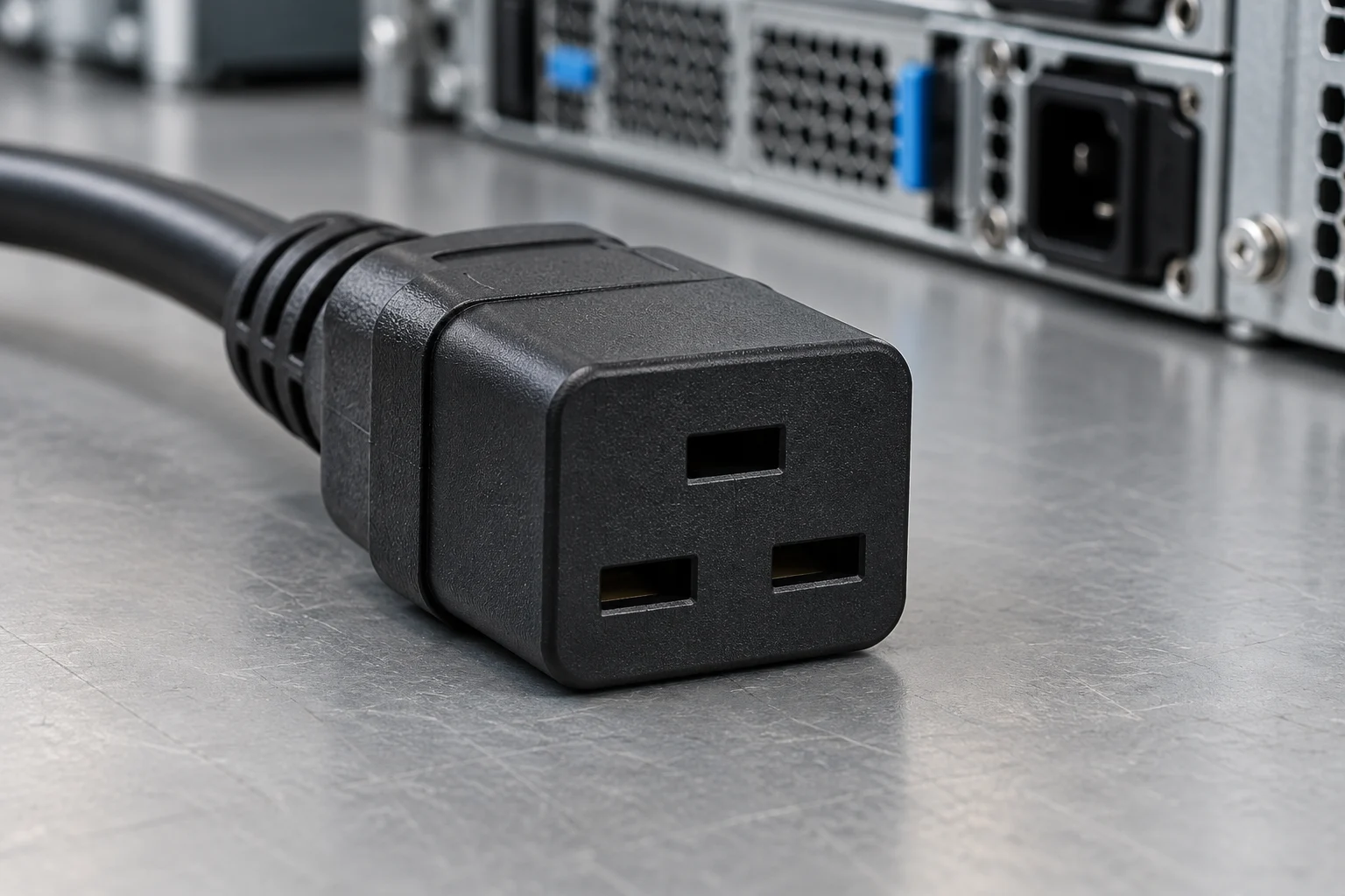 Detached molded power connector on a maintenance bench