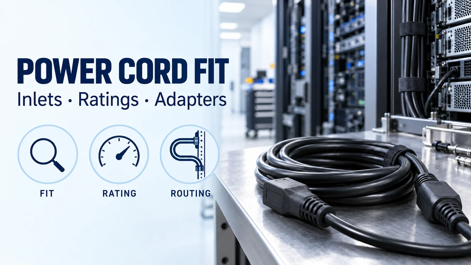 Power cord fit banner with a coiled cable on a server maintenance bench