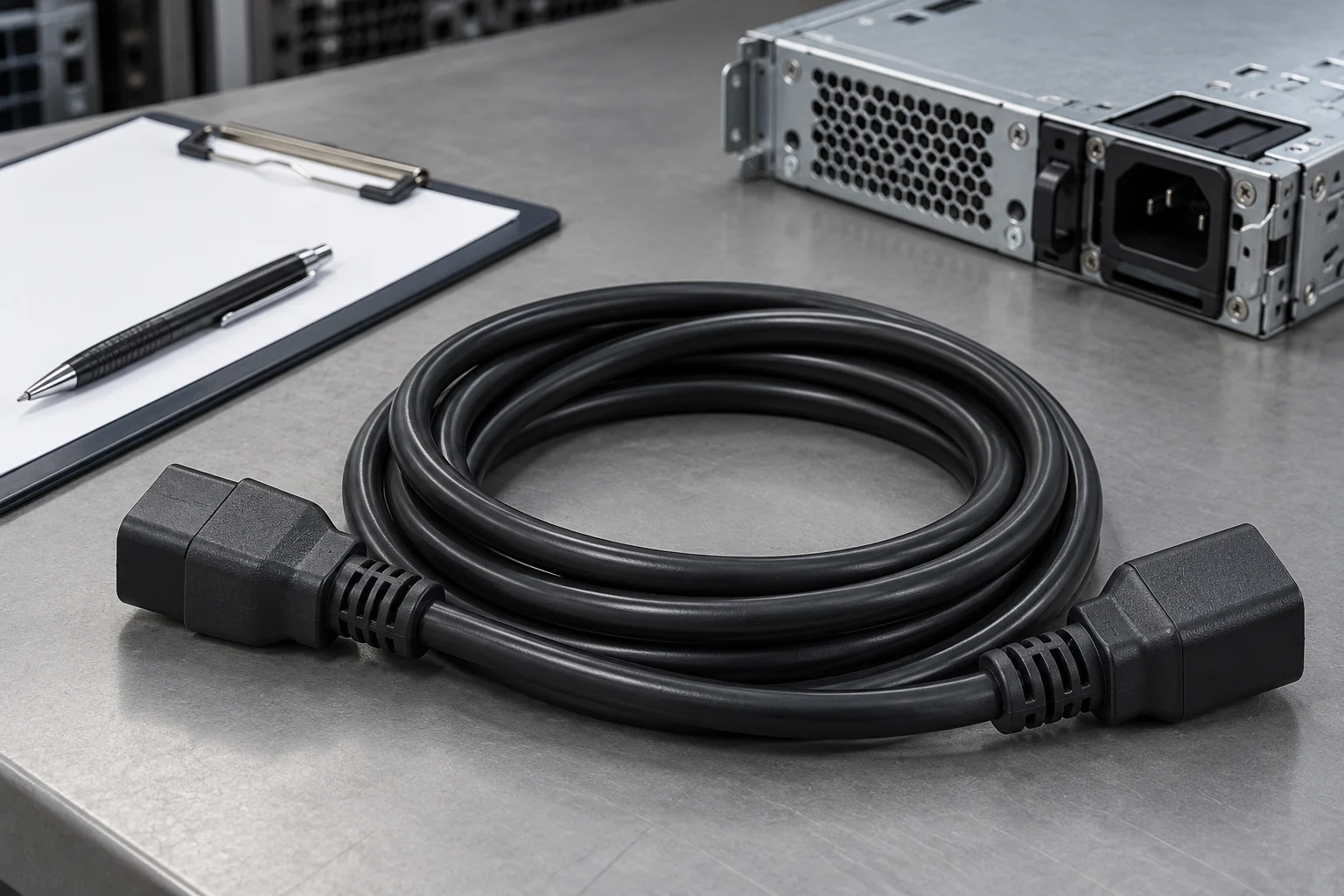 Coiled power cable and blank inspection clipboard on a workbench