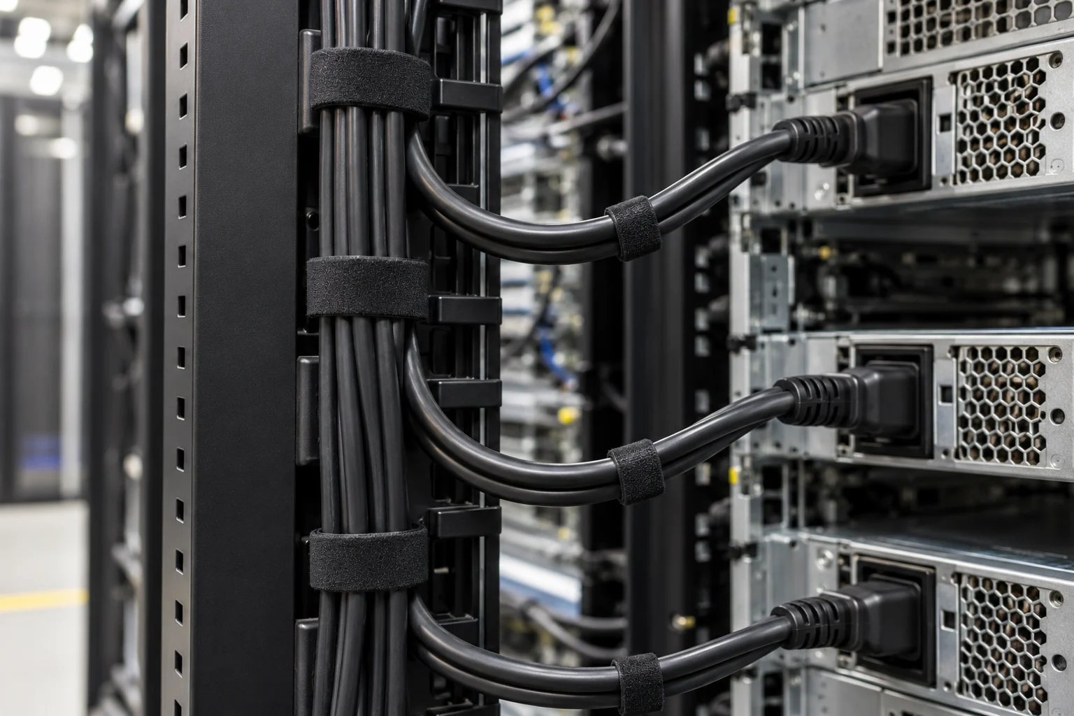 Power cable routing beside the rear of a server rack