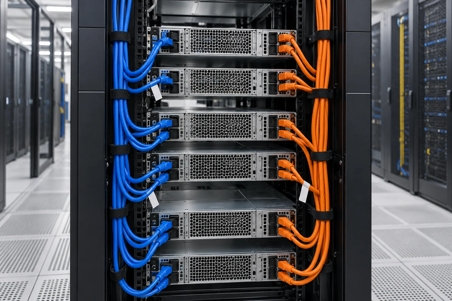 Rear server rack with blue and orange power cords organized along opposite rails and clear central exhaust grilles